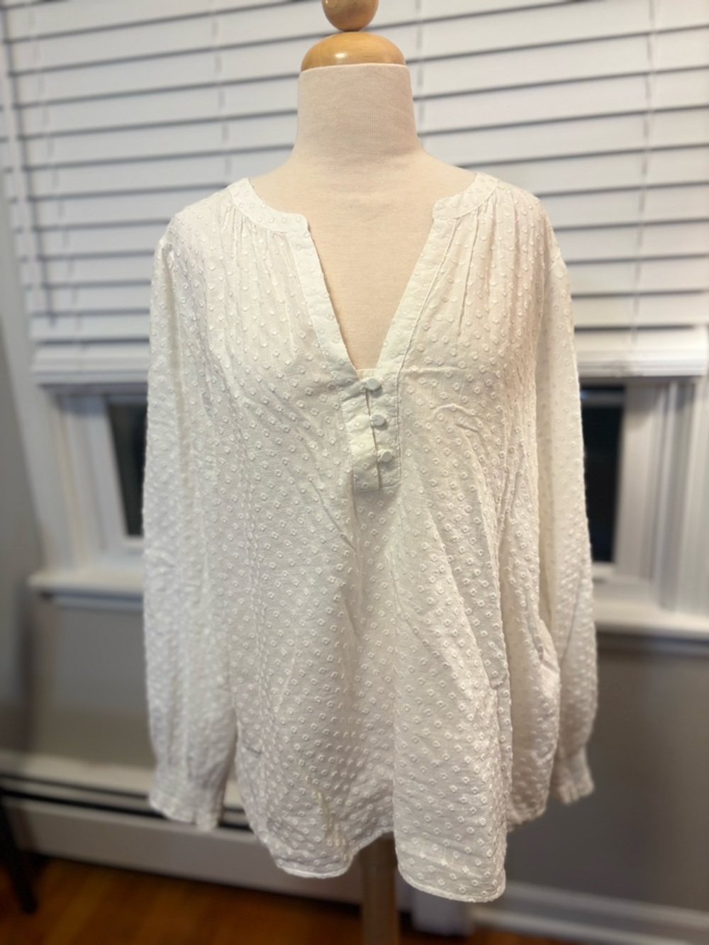Loft Women's White Swiss Dot Button Henley Top
